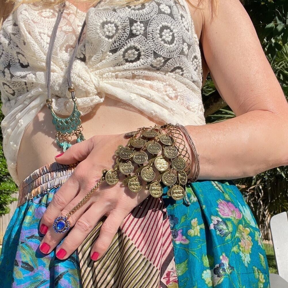 Unique belly dance/bollywood metal coin bangle with adjustable ring